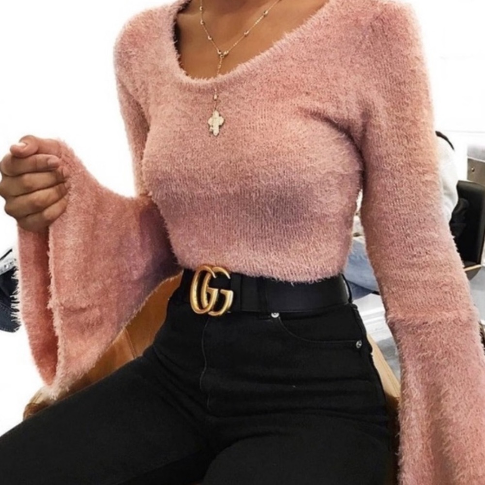 Revolve Pink Bell Sleeve Cropped Sweater